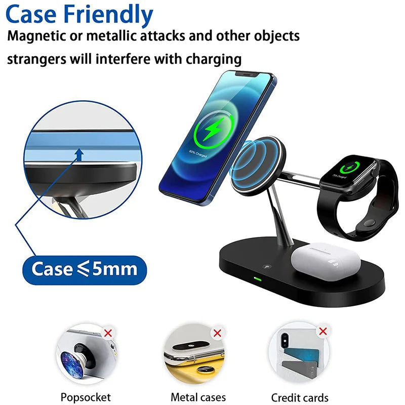 "3-in-1 Fast Wireless Charger Stand for iPhone 12 to 16, Apple Watch 4 to 10, and AirPods Pro/3/2"